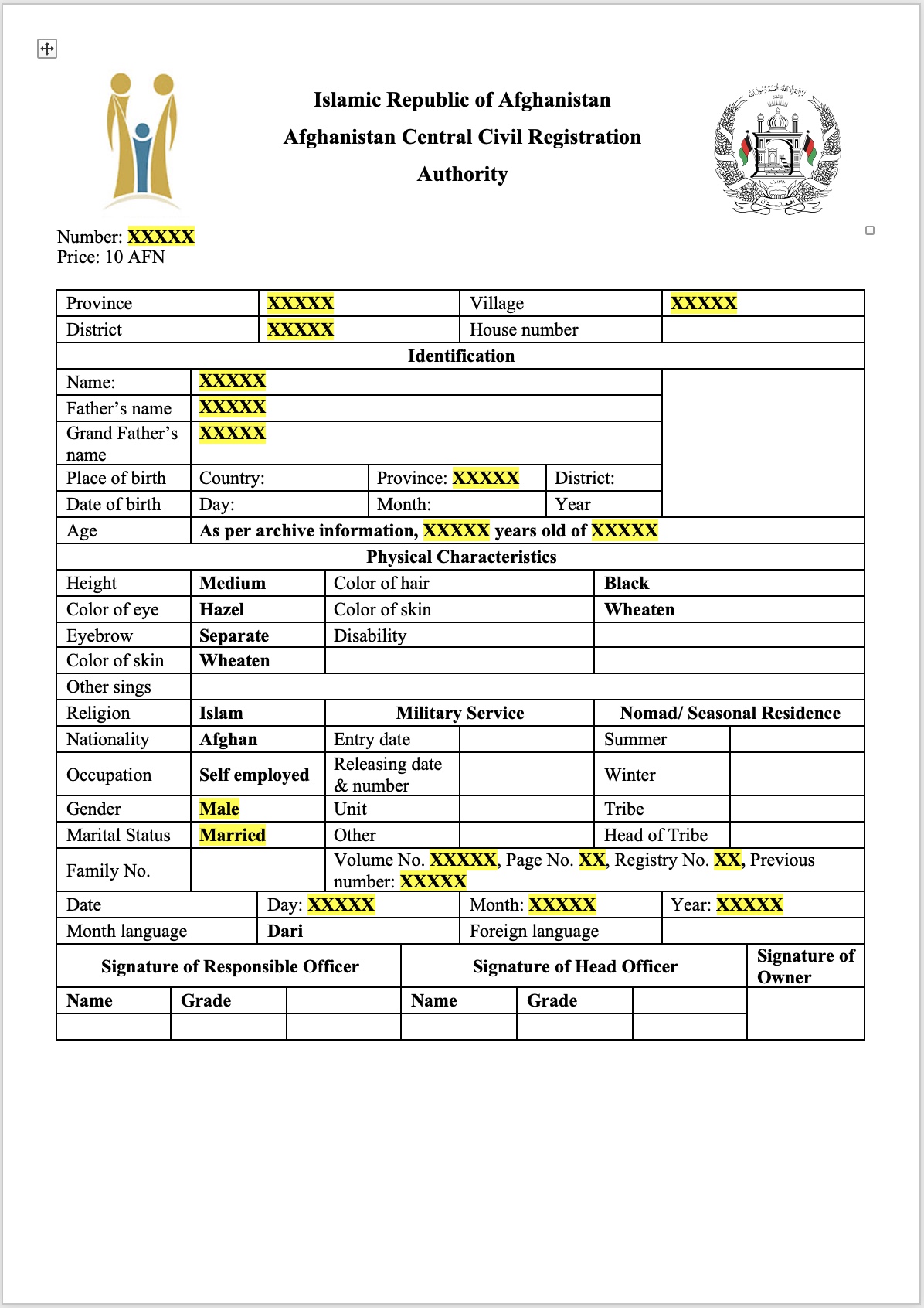 Afghan Official Documents Templates Navisa Translation Services